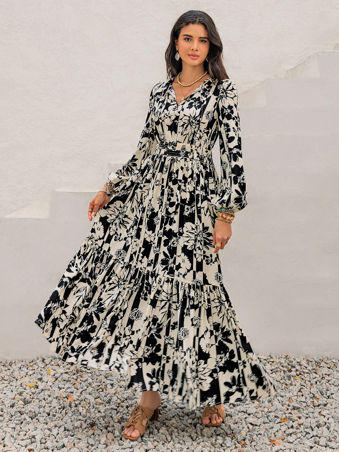 Smocked Printed Tie Neck Long Sleeve Dress