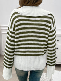 Striped Collared Neck Long Sleeve Sweater