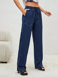 Drawstring Elastic Waist Jeans with Pockets