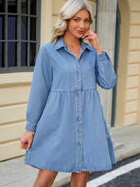 Tiered Button Up Long Sleeve Denim Dress