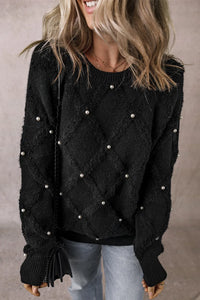 Pearl Detail Round Neck Long Sleeve Sweater