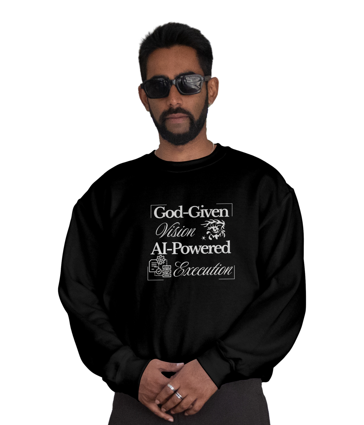 AI-Powered Execution Crewneck Sweatshirt — "God-Given Vision. AI-Powered Execution." Inspirational Graphic
