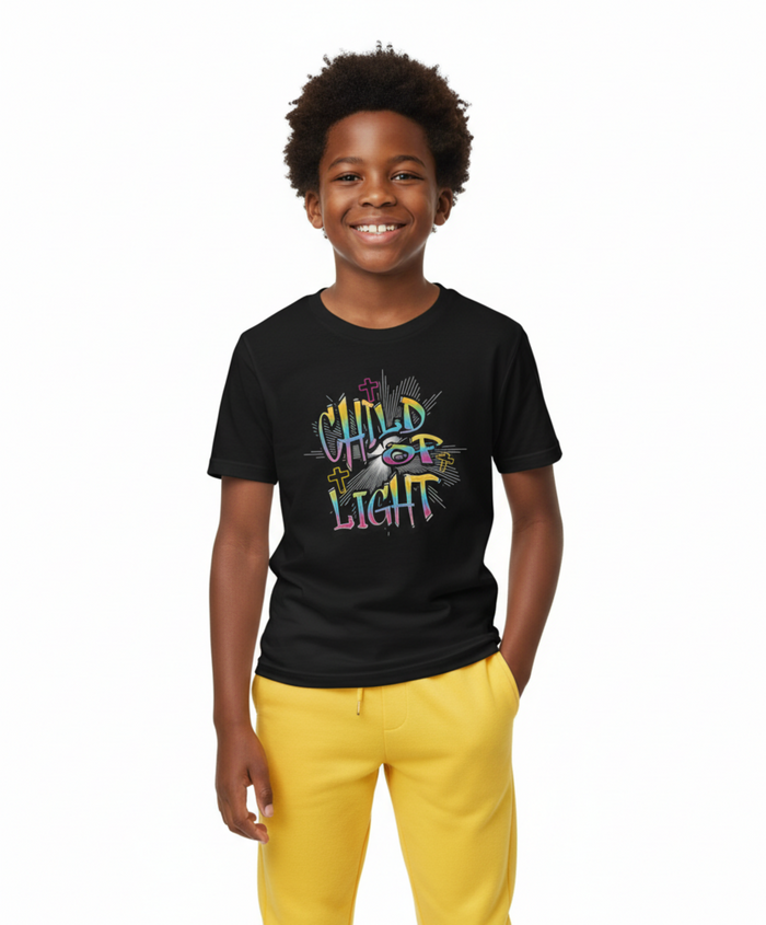 Kids 'Child of Light' Graphic Tee — Colorful Hand-Lettered 'Cherished' Back Design