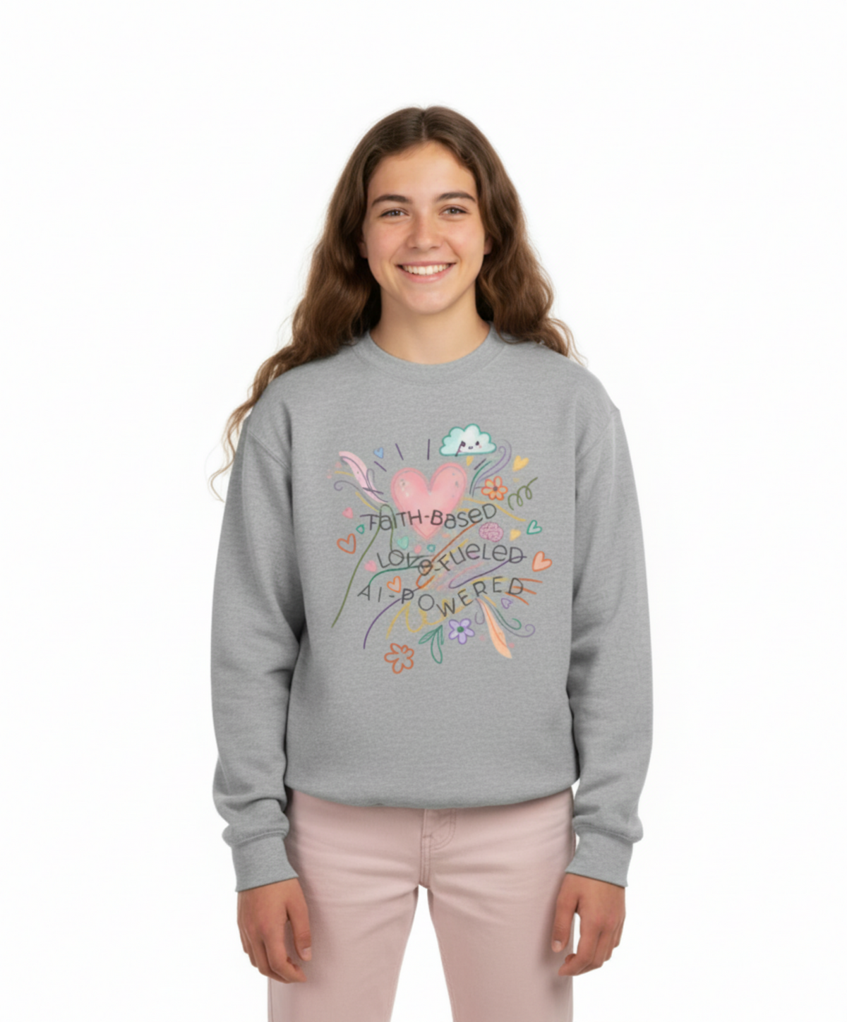 Youth Crewneck Sweatshirt — Cute Heart & Floral "Faith-Based. Love-Fueled. AI-Powered." Design