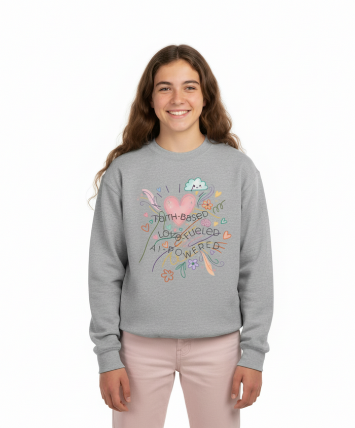 Youth Crewneck Sweatshirt — Cute Heart & Floral "Faith-Based. Love-Fueled. AI-Powered." Design
