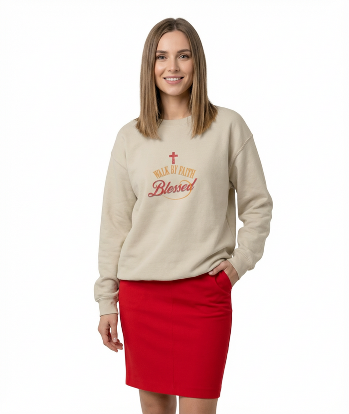 Unisex Christian Crewneck Sweatshirt — "Blessed" Faith Cross Graphic