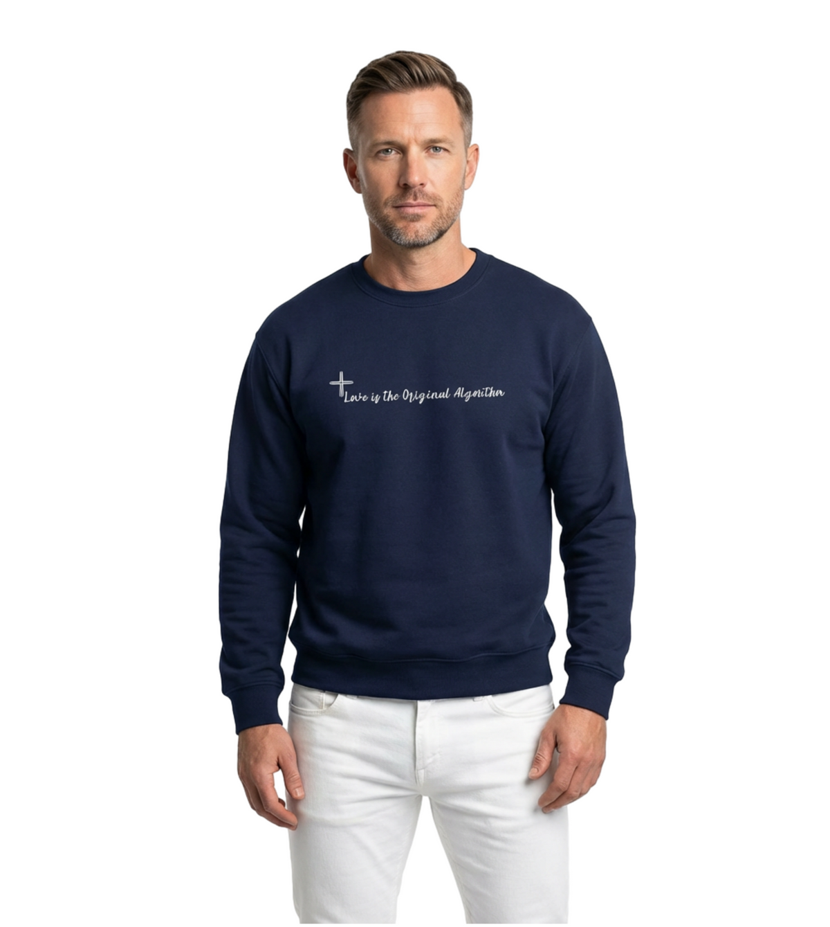 Faith Cross Sweatshirt — "Love is the Original Algorithm" Christian Crewneck