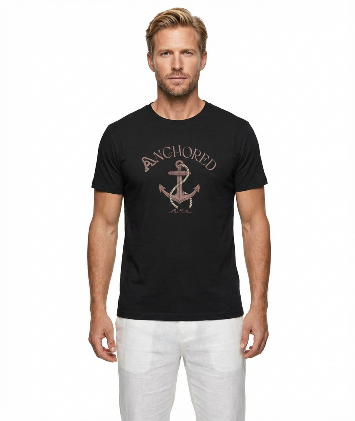 Anchored Faith T-Shirt — "Anchored" Calligraphy with Faith, Hope & Grace