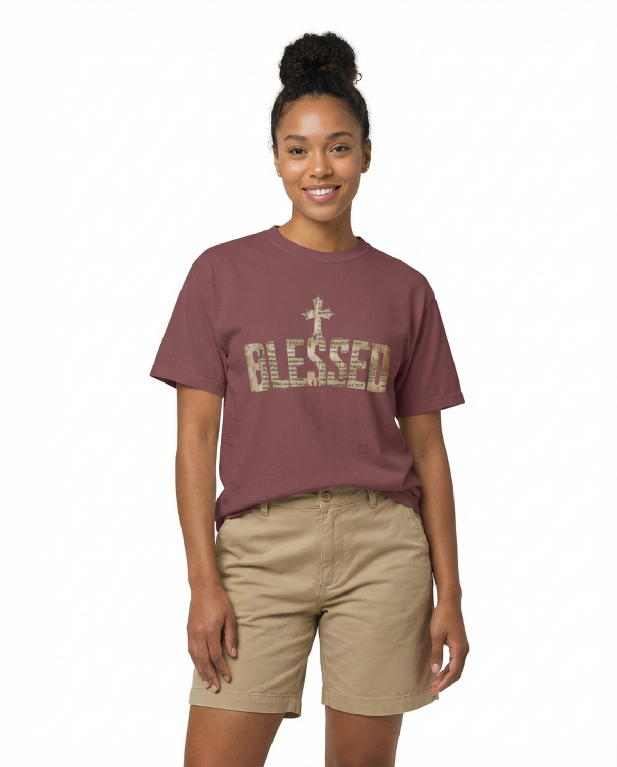Blessed Cross T-Shirt — Christian Graphic Tee (Vintage Camouflage Lettering)