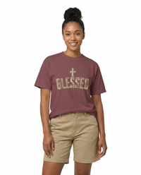 Blessed Cross T-Shirt — Christian Graphic Tee (Vintage Camouflage Lettering)