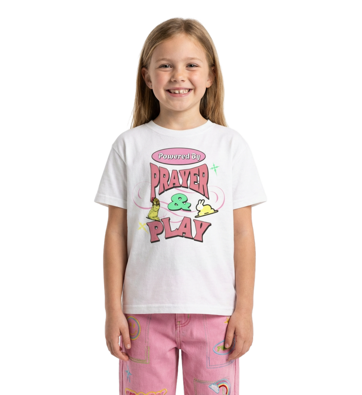 Kids Tee — "Prayer & Play" Cute Christian Shirt (Blessed Back Design)