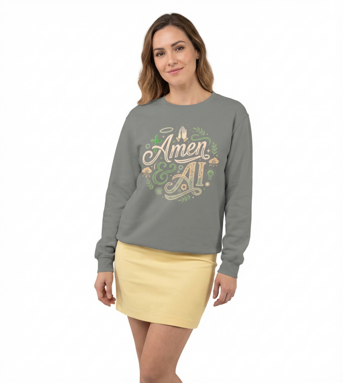 Amen & AI Sweatshirt — Faith-Inspired Crewneck with ‘Divine Data, Holy Purpose" Back Design