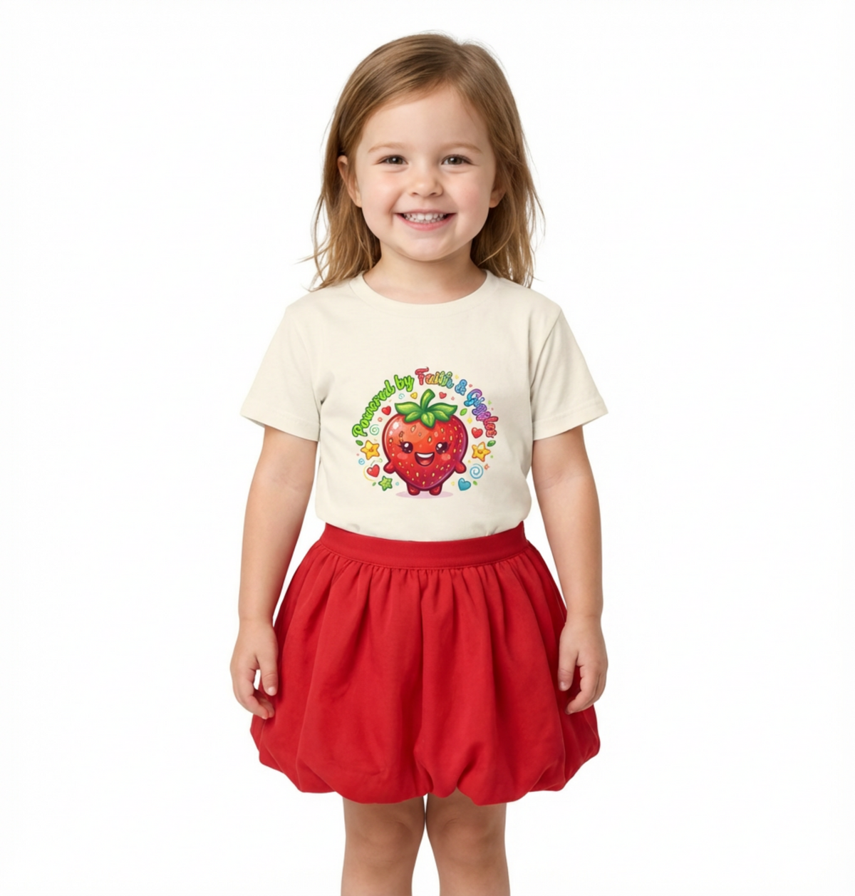 Toddler Tee — Cute Kawaii Strawberry "Powered by Faith & Giggles" Kids Shirt