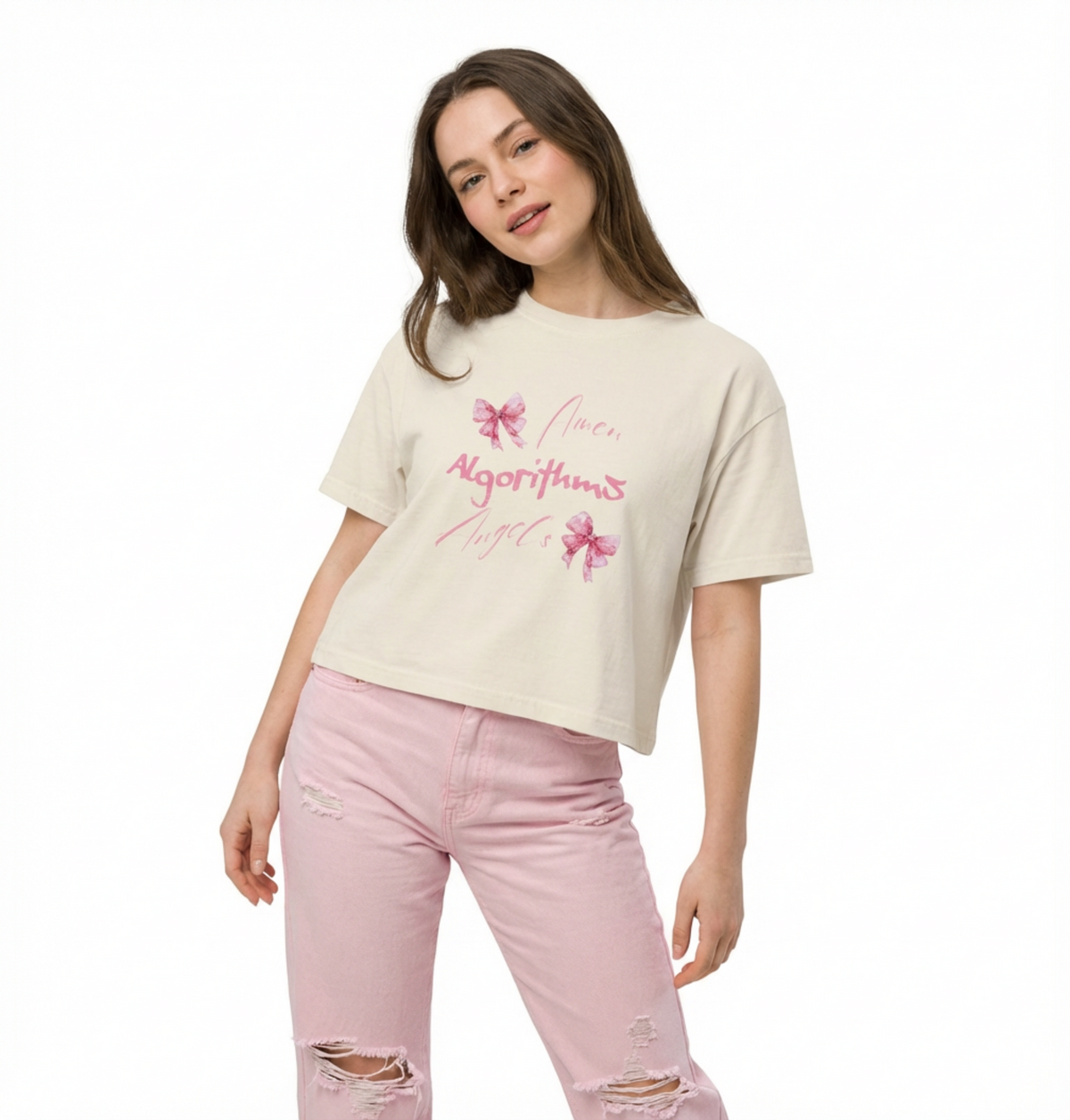 Amen, Algorithms, Angels, Pink Bow Graphic Boxy Tee