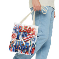 USA 250 Celebration Tote Bag — I Love USA Fireworks Patriotic Shopper