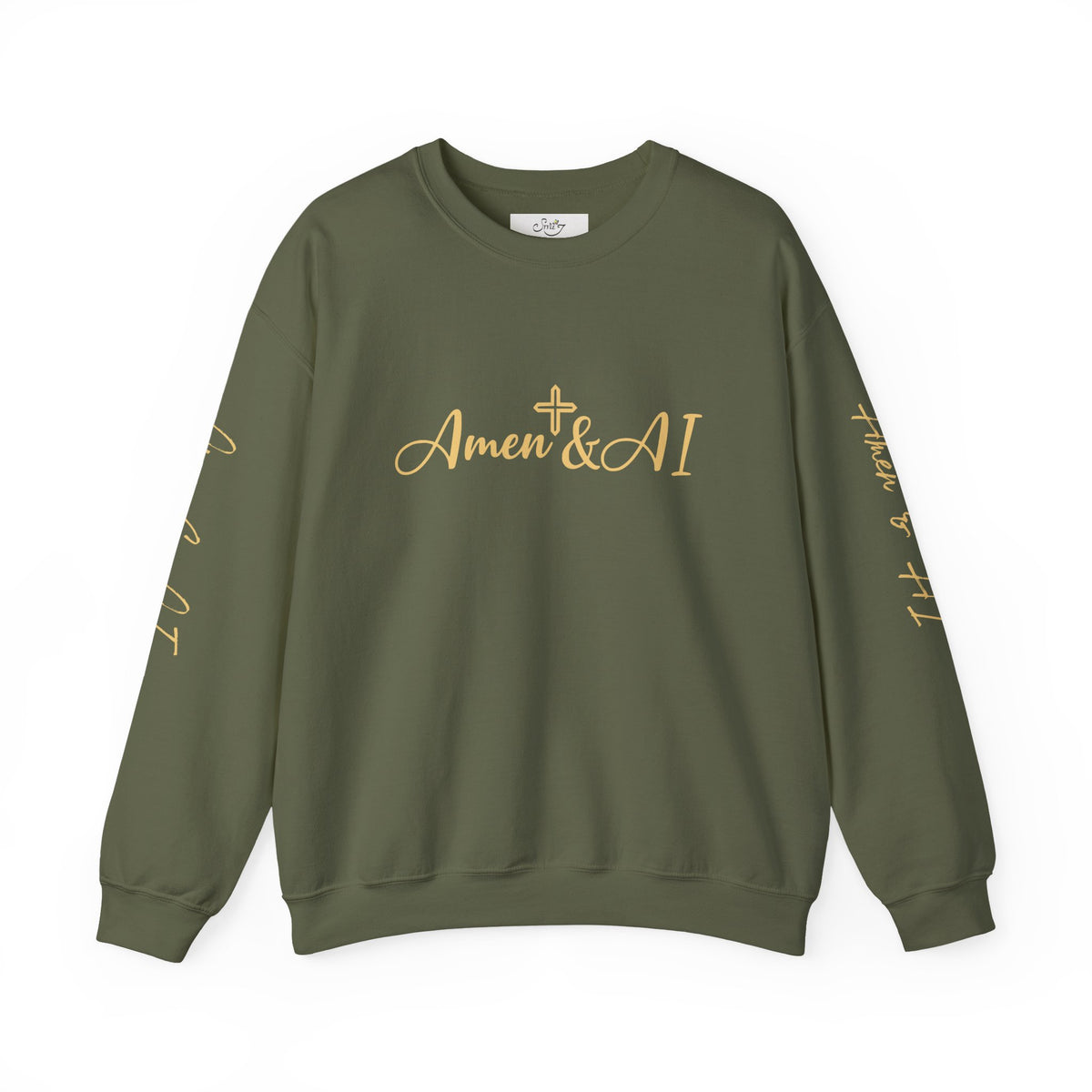 Christian AI Crewneck Sweatshirt - "Amen & AI" Gold Script, "Powered by Prayer, Driven by Data"