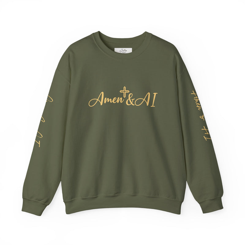 Christian AI Crewneck Sweatshirt - "Amen & AI" Gold Script, "Powered by Prayer, Driven by Data"