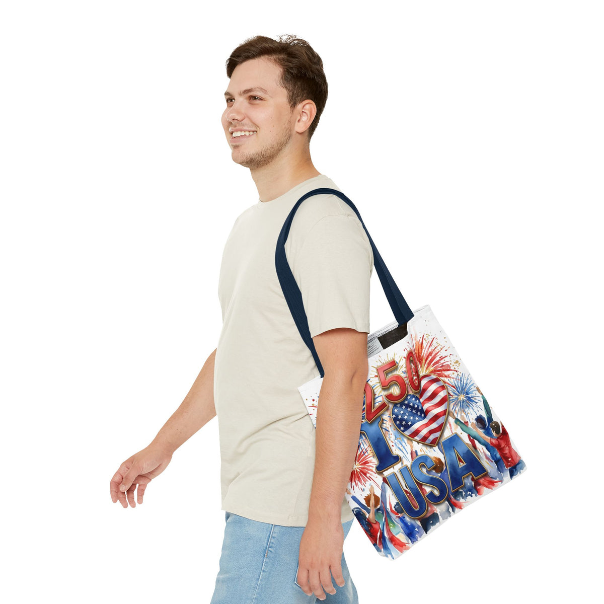 USA 250 Celebration Tote Bag — I Love USA Fireworks Patriotic Shopper