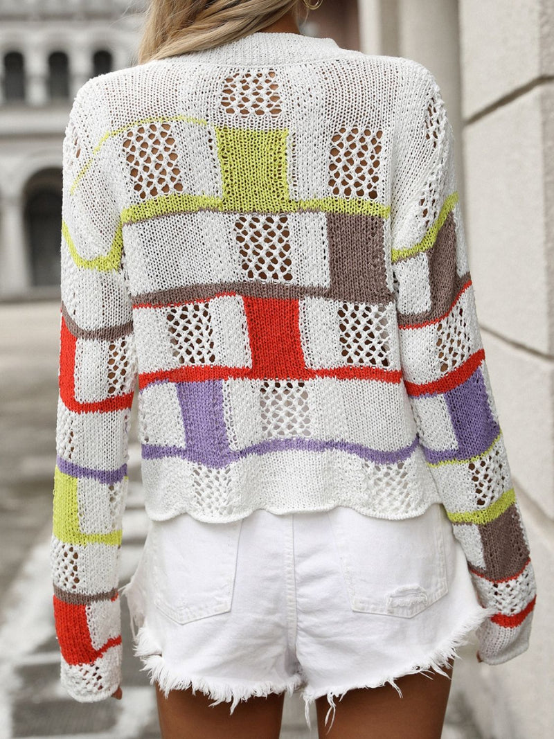 Openwork Color Block Round Neck Sweater