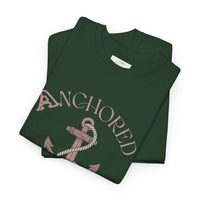 Anchored Faith T-Shirt — "Anchored" Calligraphy with Faith, Hope & Grace