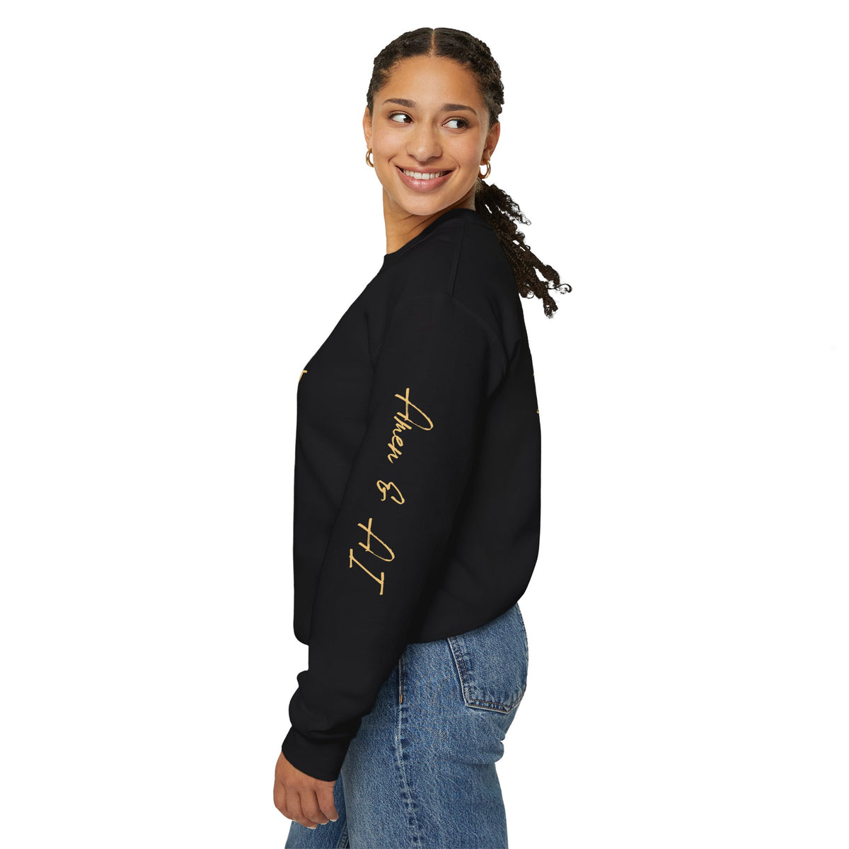 Christian AI Crewneck Sweatshirt - "Amen & AI" Gold Script, "Powered by Prayer, Driven by Data"