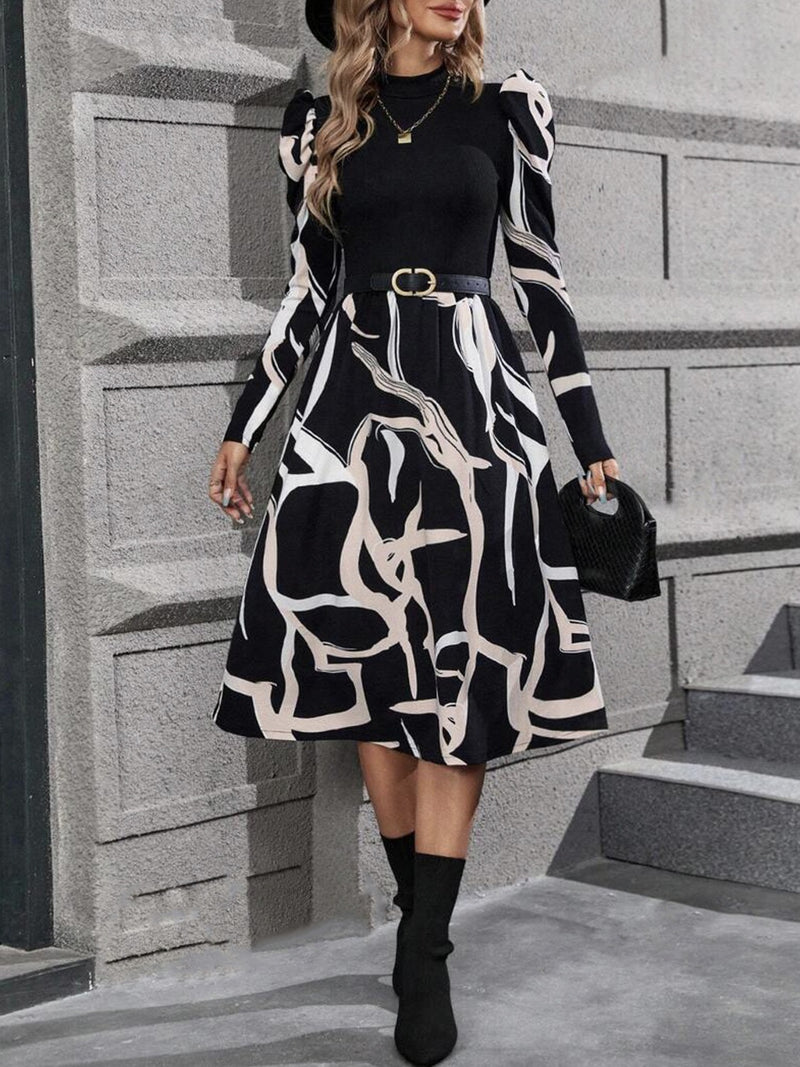 Printed Mock Neck Puff Sleeve Mini Dress