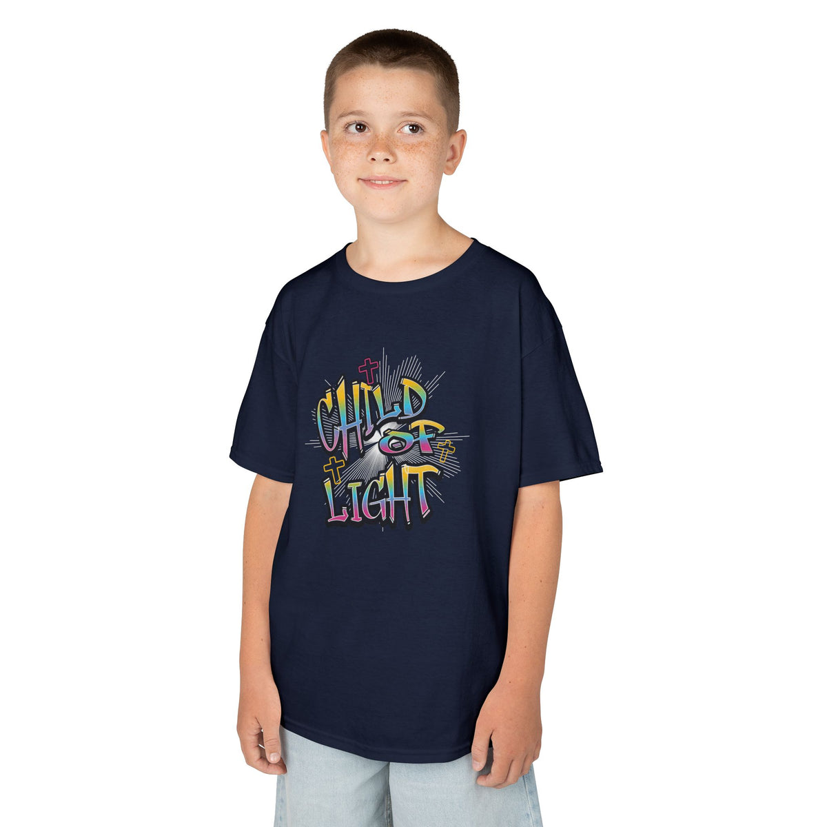 Kids 'Child of Light' Graphic Tee — Colorful Hand-Lettered 'Cherished' Back Design