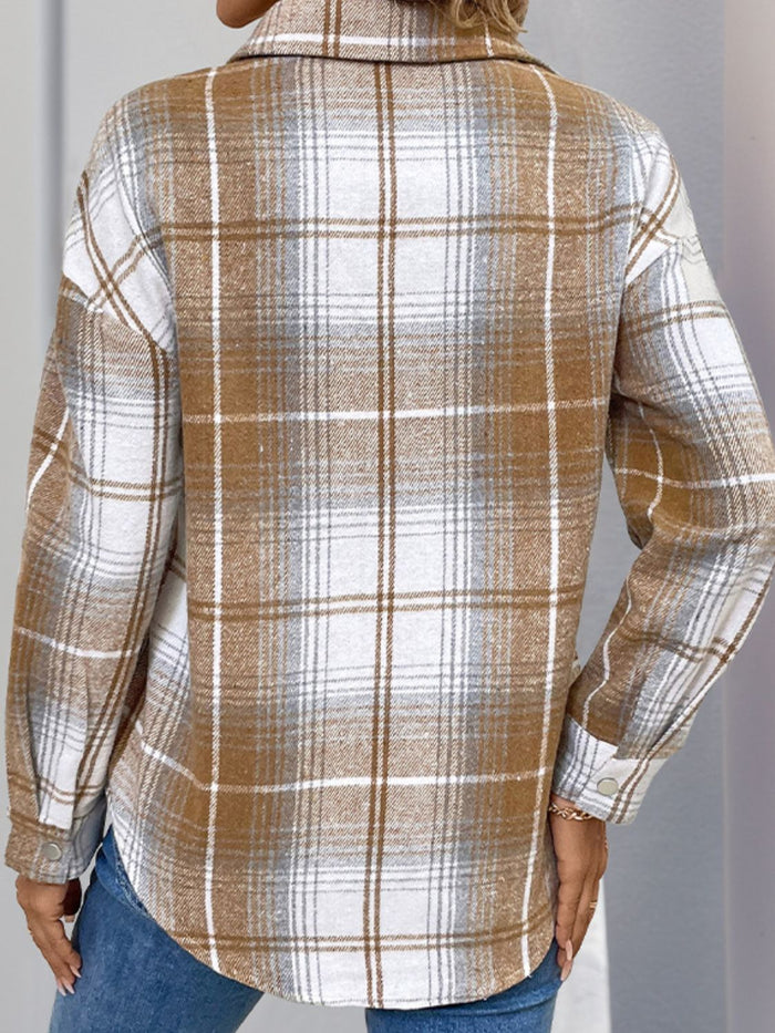 Perfee Plaid Collared Neck Half Zip Long Sleeve Top