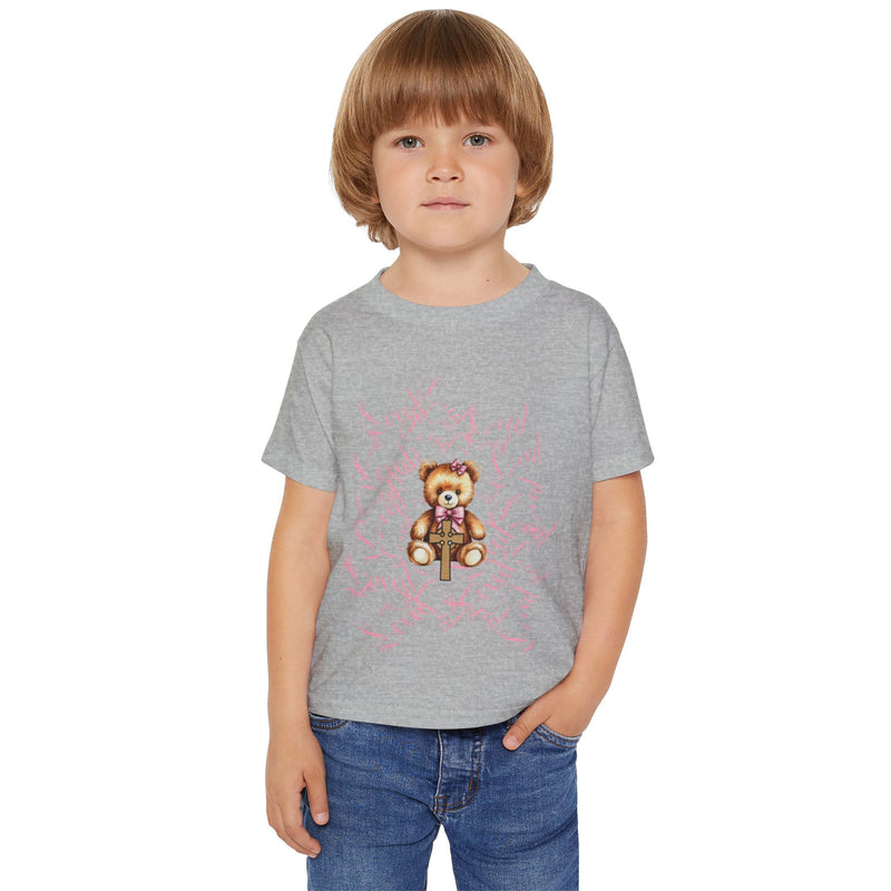 Toddler T‑Shirt — Cute Teddy Bear Cross Design with Pink Script