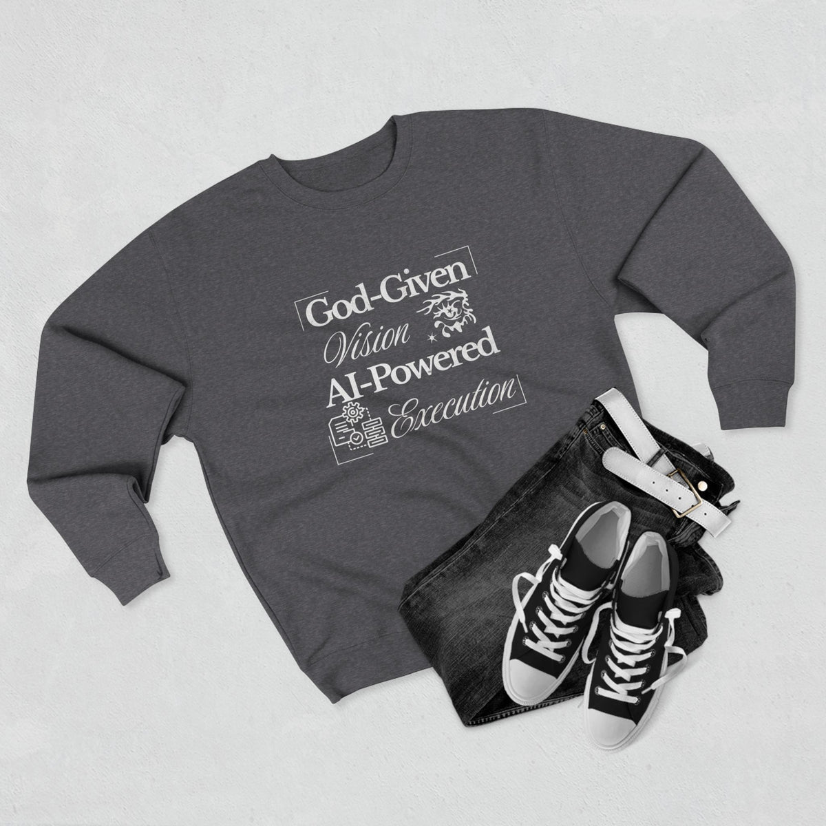 AI-Powered Execution Crewneck Sweatshirt — "God-Given Vision. AI-Powered Execution." Inspirational Graphic