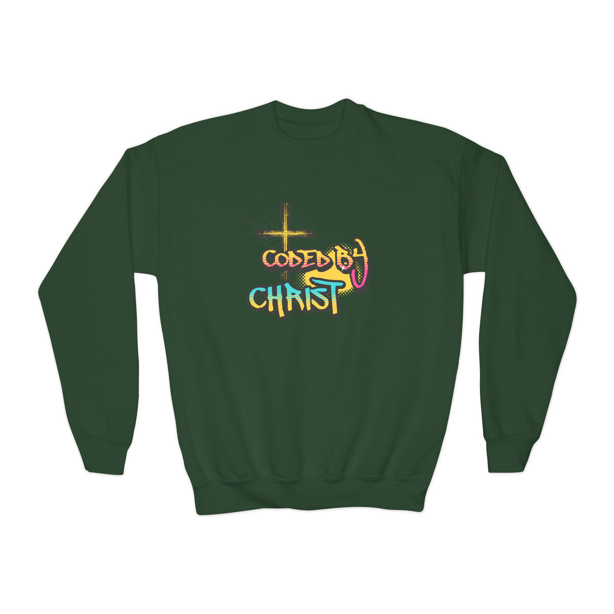 Youth Crewneck Sweatshirt - 'Coded by Christ' Colorful Faith Graphic