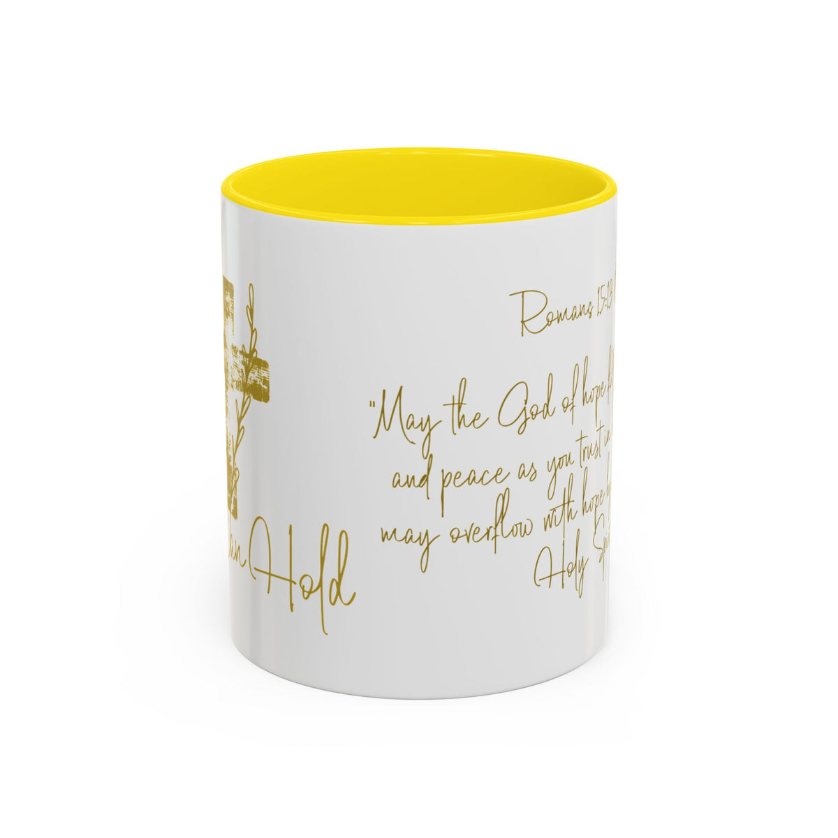 Christian Scripture Coffee Mug – Romans 15:13 Gold Calligraphy Accent Mug (11/15oz)