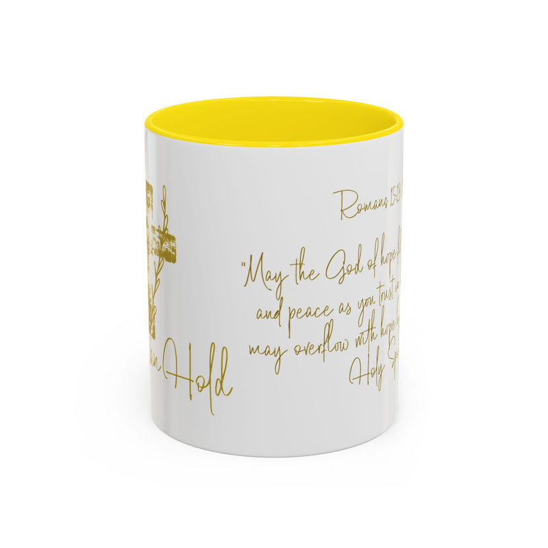 Christian Scripture Coffee Mug – Romans 15:13 Gold Calligraphy Accent Mug (11/15oz)