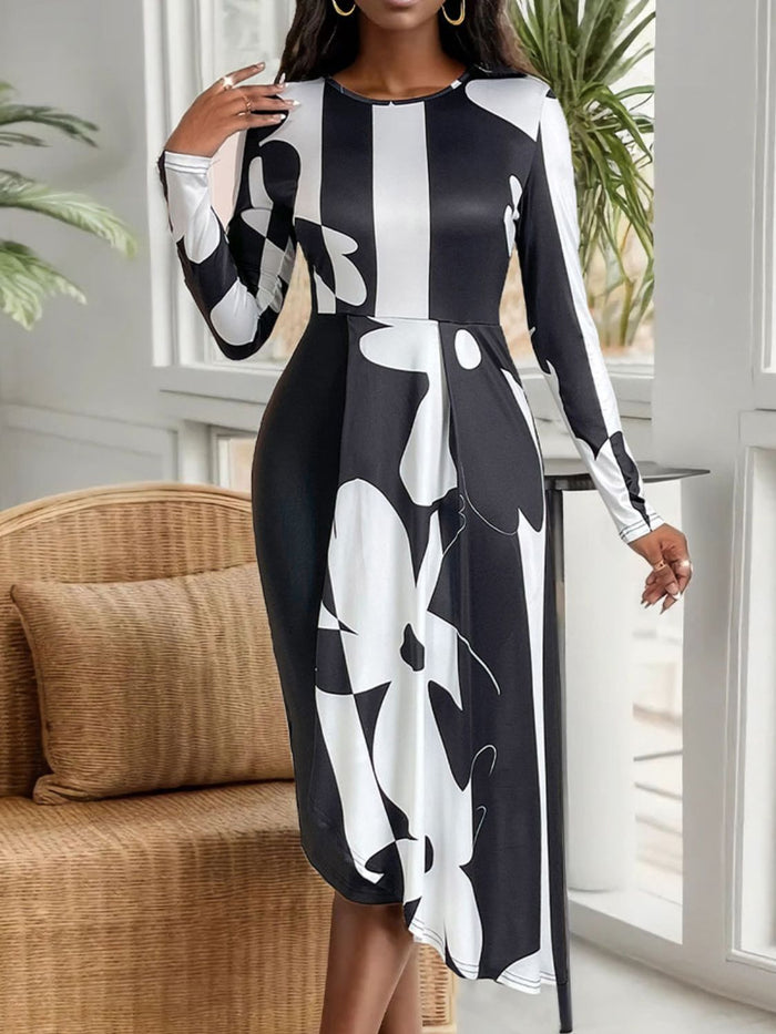 Asymmetrical Slit Round Neck Long Sleeve Midi Dress