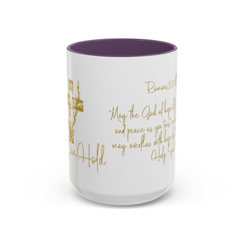 Christian Scripture Coffee Mug – Romans 15:13 Gold Calligraphy Accent Mug (11/15oz)