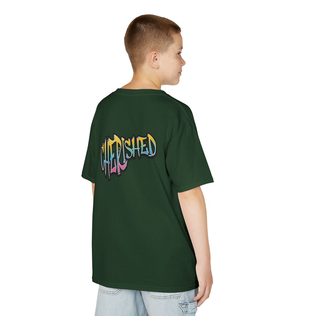 Kids 'Child of Light' Graphic Tee — Colorful Hand-Lettered 'Cherished' Back Design