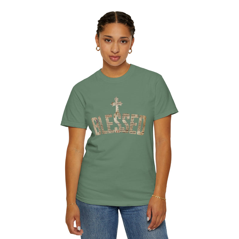 Blessed Cross T-Shirt — Christian Graphic Tee (Vintage Camouflage Lettering)