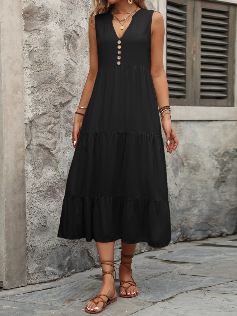 Decorative Button Notched Sleeveless Dress