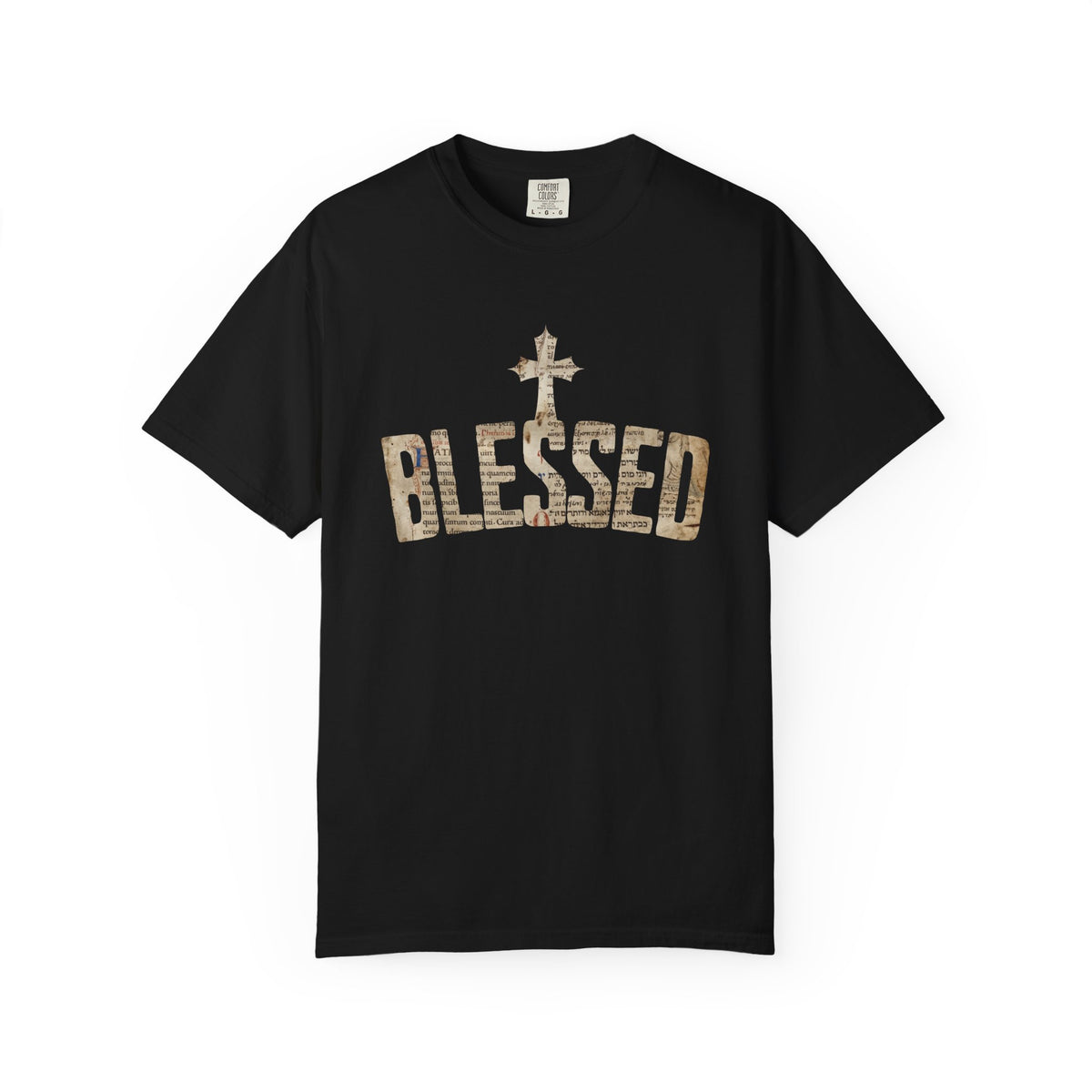 Blessed Cross T-Shirt — Christian Graphic Tee (Vintage Camouflage Lettering)