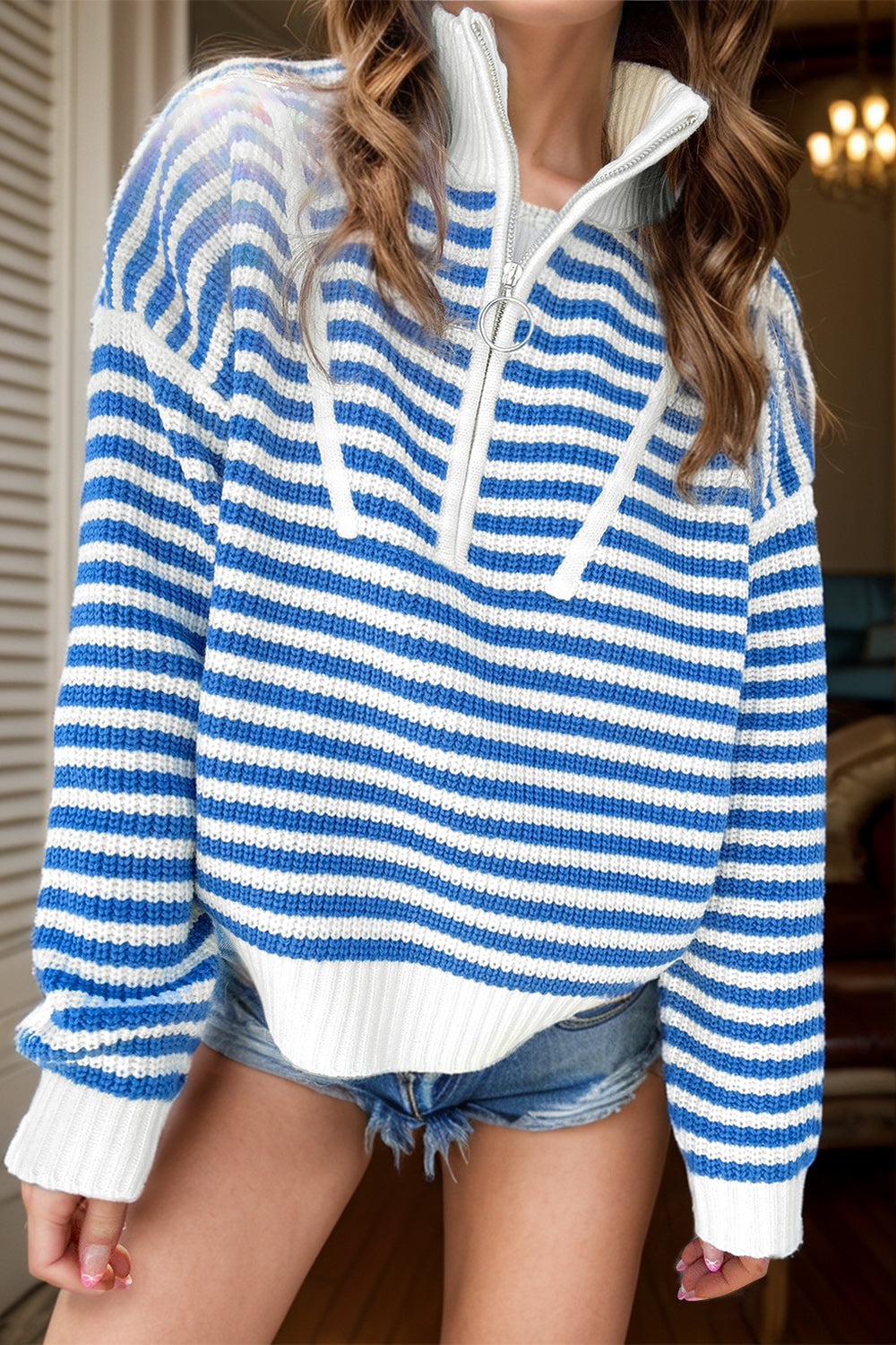 Striped Half Zip Long Sleeve Sweater