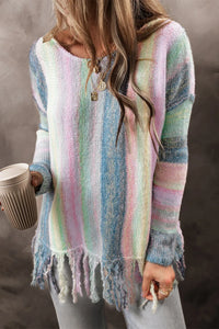 Fringe Color Block Round Neck Sweater