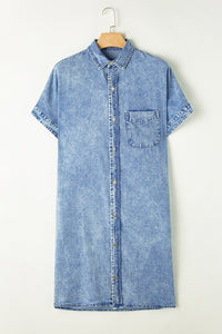 Pocketed Button Up Half Sleeve Denim Dress