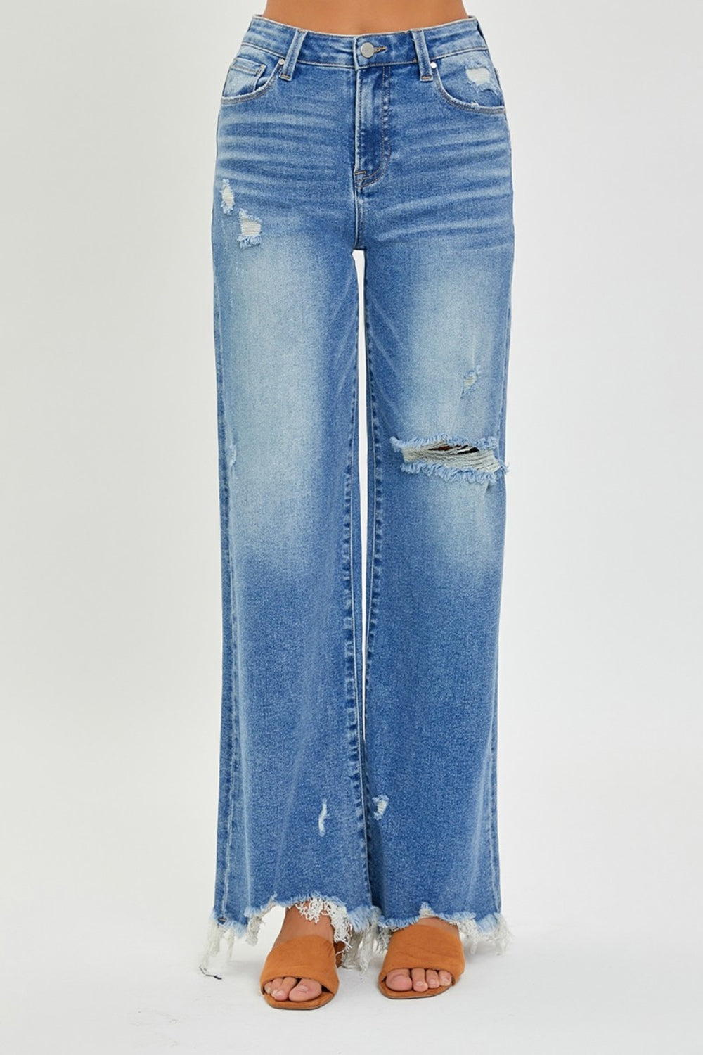 Rise Full Size High Rise Frayed Hem Wide Leg Jeans