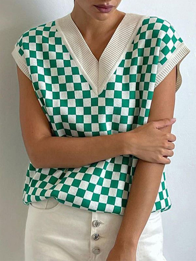 Full Size Checkered V-Neck Cap Sleeve Sweater