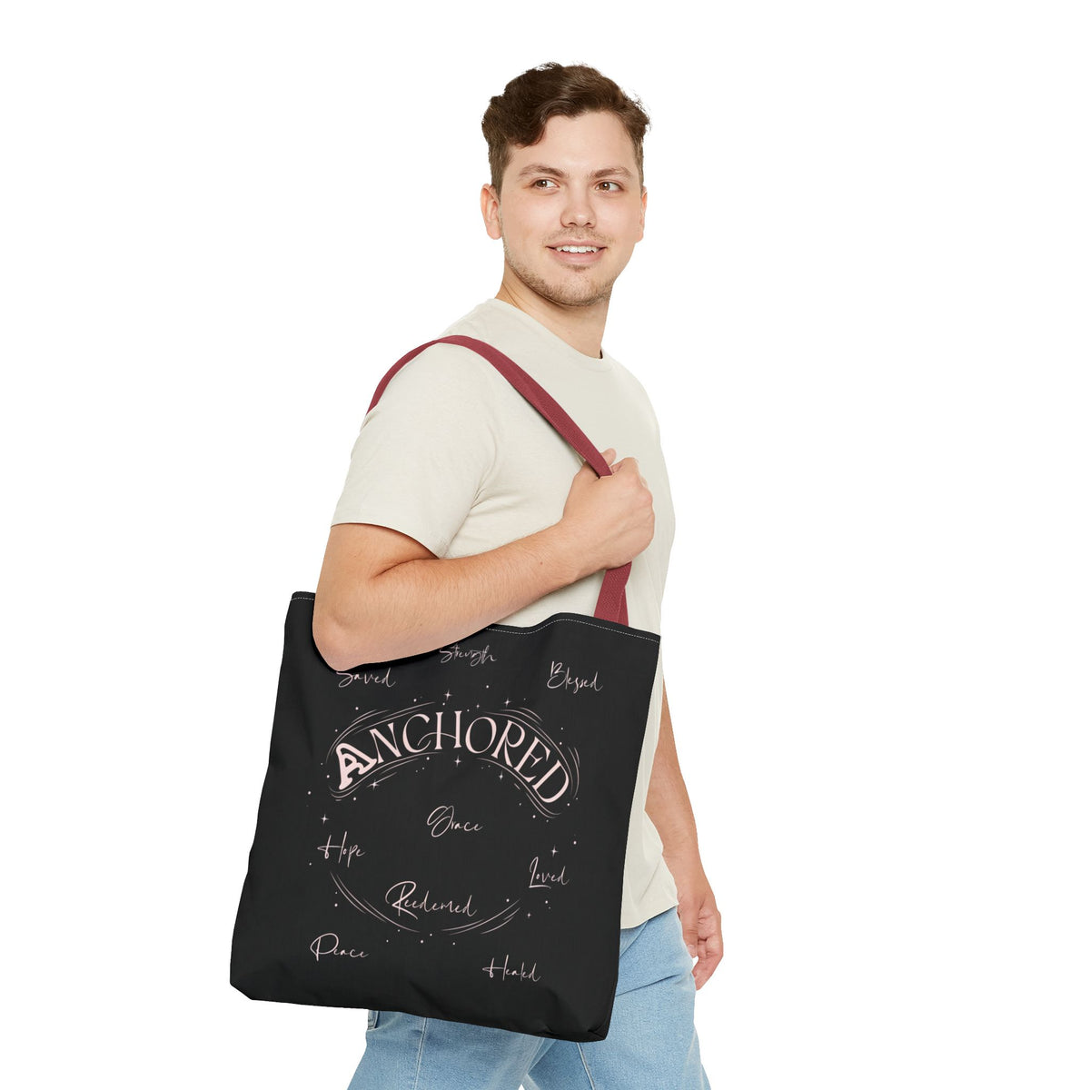 Anchored Inspirational Tote Bag — 'Anchored' Script Design