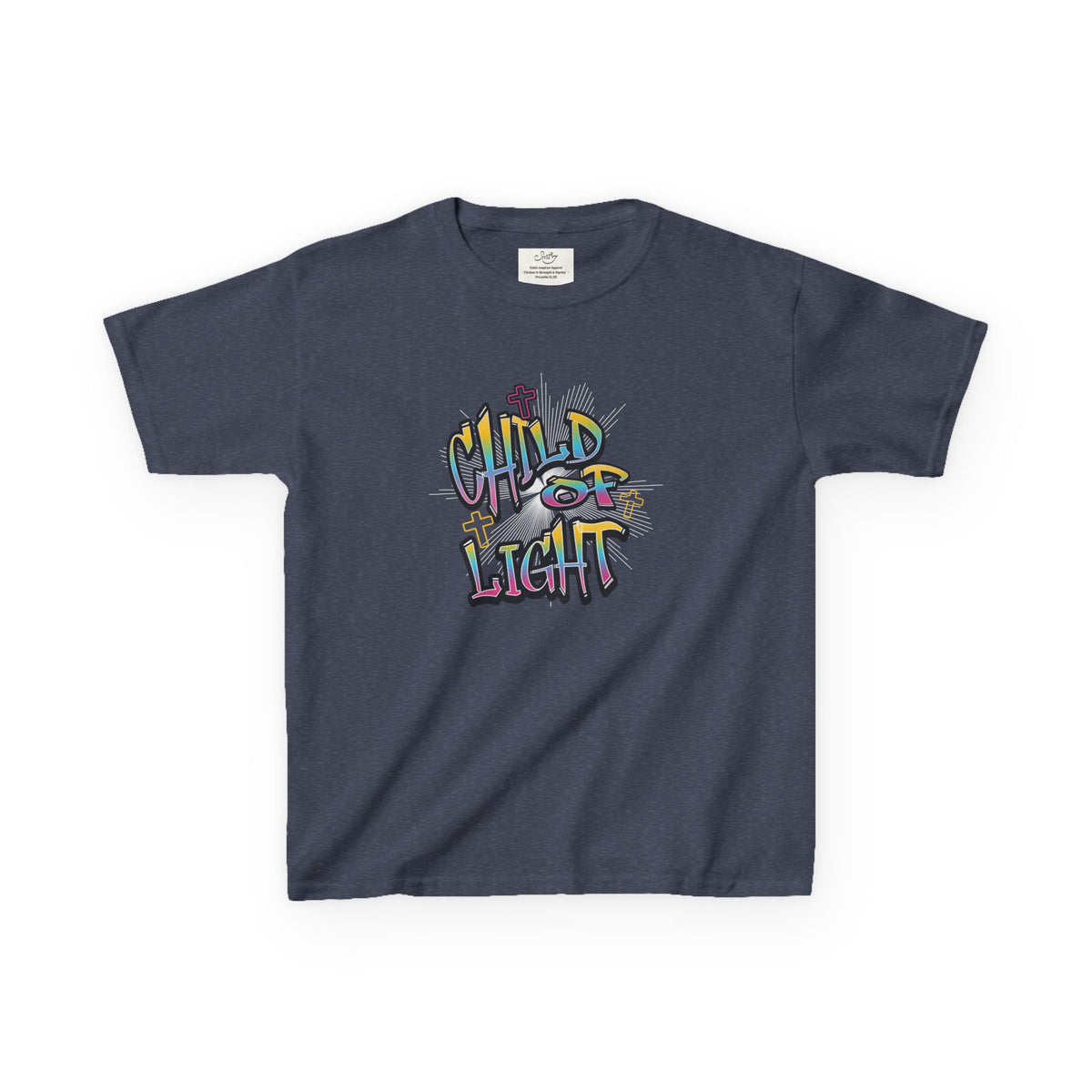 Kids 'Child of Light' Graphic Tee — Colorful Hand-Lettered 'Cherished' Back Design