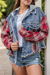 Raw Hem Drawstring Plaid Denim Jacket