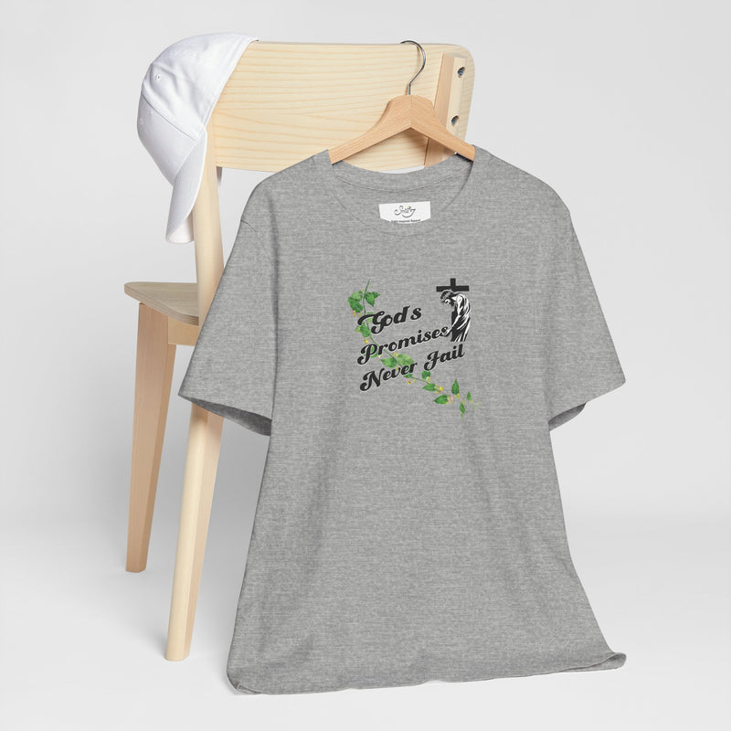 Faith T-Shirt — "God's Promises Never Fail" Christian Tee with Cross & Olive Branch Design