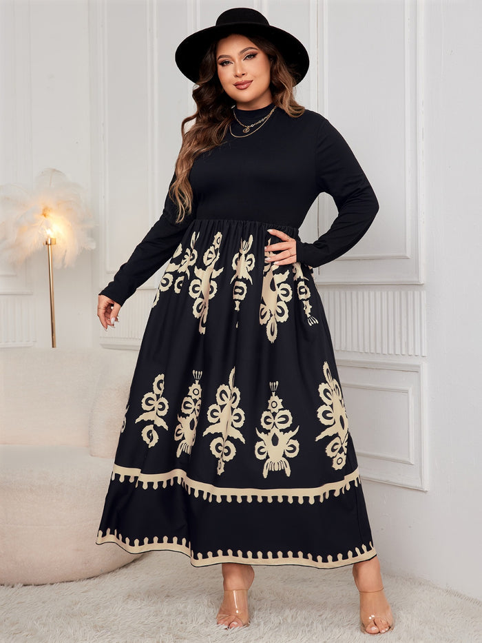 Plus Size Printed Mock Neck Long Sleeve Dress