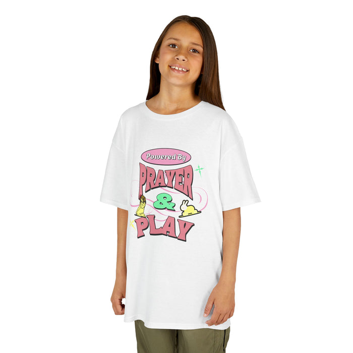 Kids Tee — "Prayer & Play" Cute Christian Shirt (Blessed Back Design)
